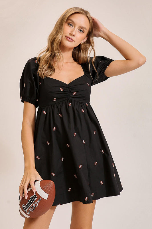 Fußball-Print Babydoll-Minikleid Spandex-Mix geraffte Puffärmel