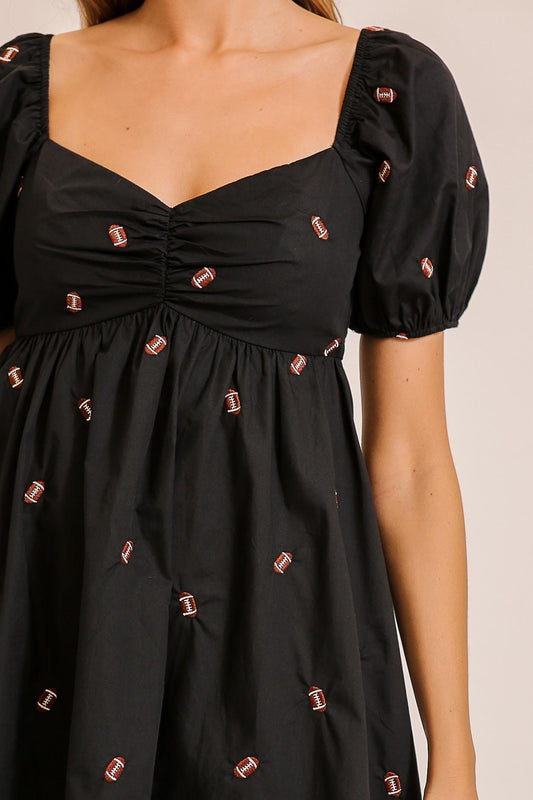 Football Print Babydoll Mini Dress Spandex Blend Ruched Puff Sleeve