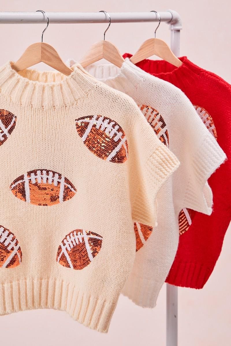 Macro shot of the soft polyester knit texture on this glamorous game day sweater