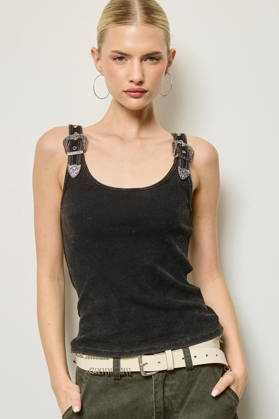 Garment Dyed Black Ribbed Knit Scoop Neck Tank Top with Western Buckle Straps - Image 2