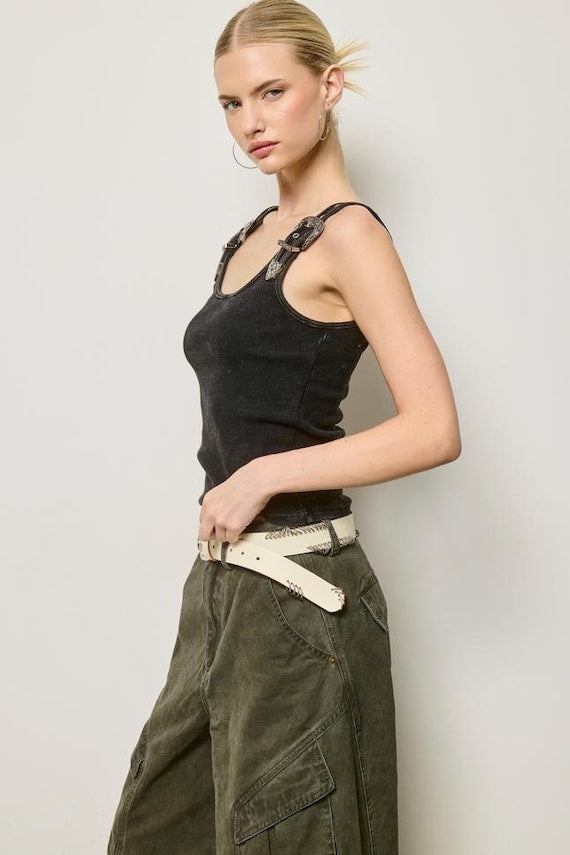 Garment Dyed Black Ribbed Knit Scoop Neck Tank Top with Western Buckle Straps - Image 3