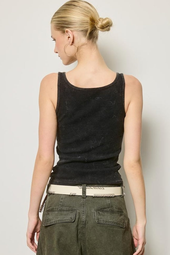 Garment Dyed Black Ribbed Knit Scoop Neck Tank Top with Western Buckle Straps - Image 4