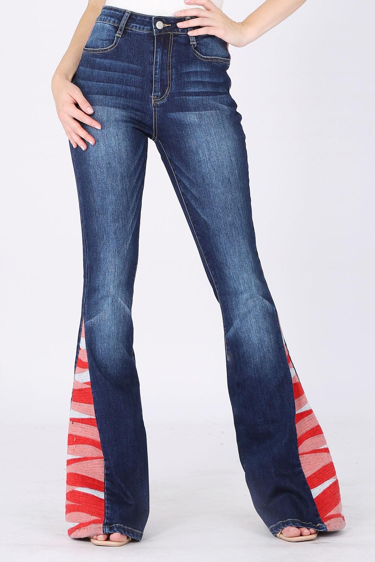 Detail of the premium stretch cotton blend denim on these vintage-style heart embroidered pants