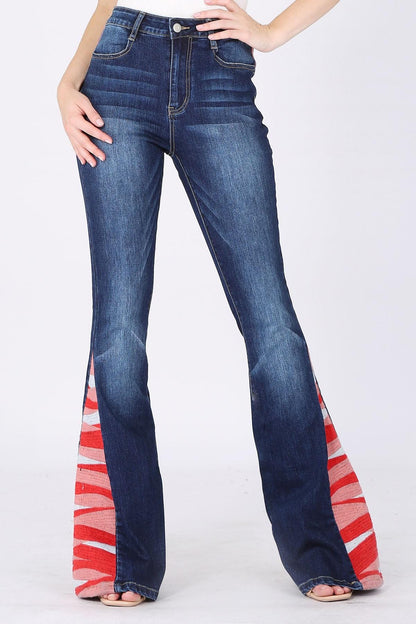 Detail of the premium stretch cotton blend denim on these vintage-style heart embroidered pants