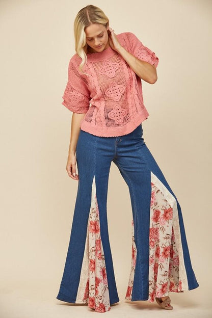 Floral Wide Leg Jeans: Women's Boho Rose & Lace Detail Flare Pants