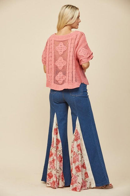 Floral Wide Leg Jeans: Women's Boho Rose & Lace Detail Flare Pants