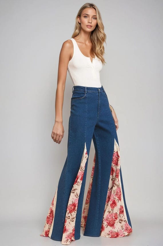 Floral Wide Leg Jeans: Women's Boho Rose & Lace Detail Flare Pants