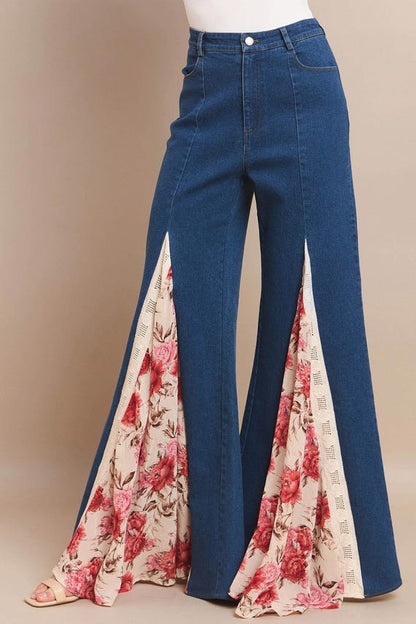Floral Wide Leg Jeans: Women's Boho Rose & Lace Detail Flare Pants