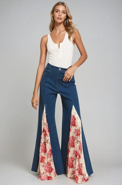 Floral Wide Leg Jeans: Women's Boho Rose & Lace Detail Flare Pants