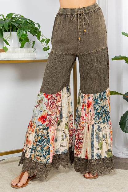 Boho Patchwork Pants: Wide Leg Floral Trousers, Bell Bottoms, Elastic Waist Lounge Pant