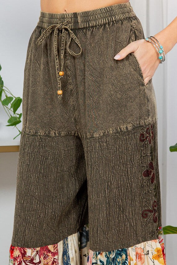 Boho Patchwork Pants: Wide Leg Floral Trousers, Bell Bottoms, Elastic Waist Lounge Pant