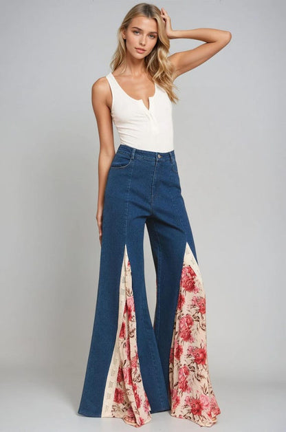 Floral Wide Leg Jeans: Women's Boho Rose & Lace Detail Flare Pants