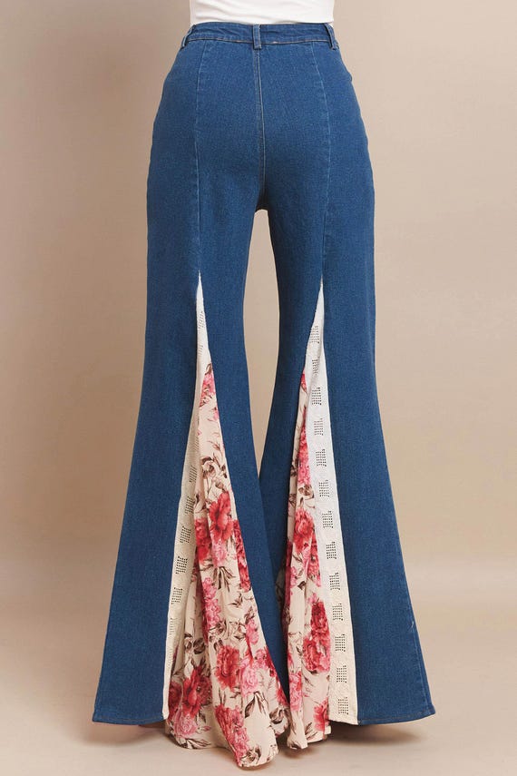 Floral Wide Leg Jeans: Women's Boho Rose & Lace Detail Flare Pants