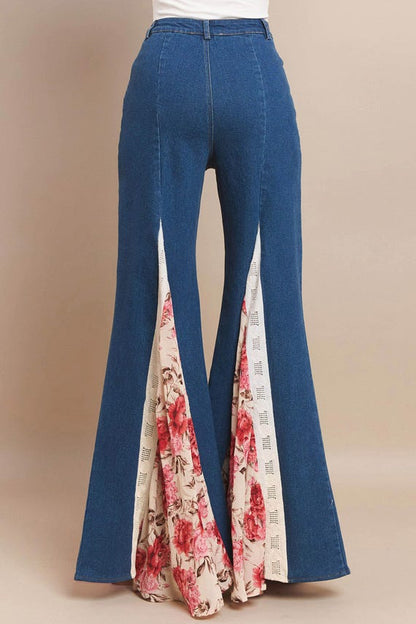 Floral Wide Leg Jeans: Women's Boho Rose & Lace Detail Flare Pants