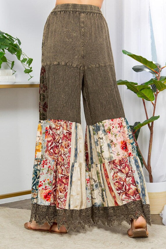 Boho Patchwork Pants: Wide Leg Floral Trousers, Bell Bottoms, Elastic Waist Lounge Pant