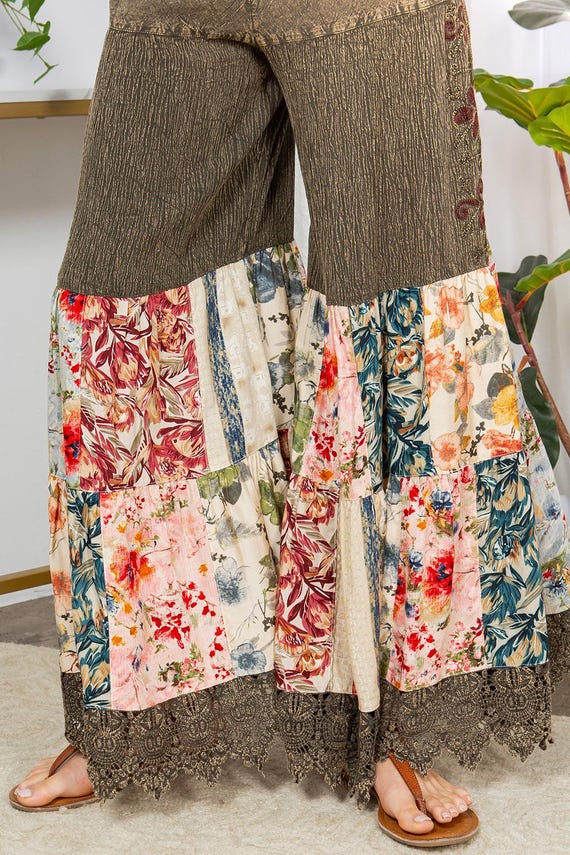 Boho Patchwork Pants: Wide Leg Floral Trousers, Bell Bottoms, Elastic Waist Lounge Pant