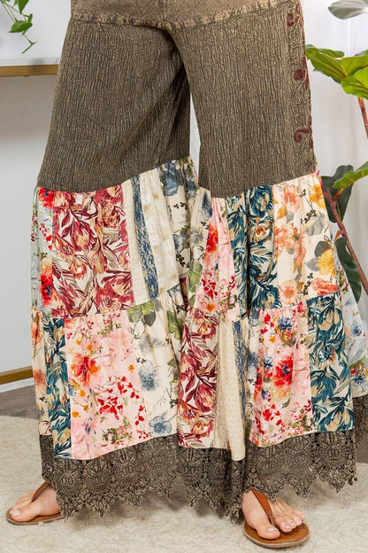 Boho Patchwork Pants: Wide Leg Floral Trousers, Bell Bottoms, Elastic Waist Lounge Pant