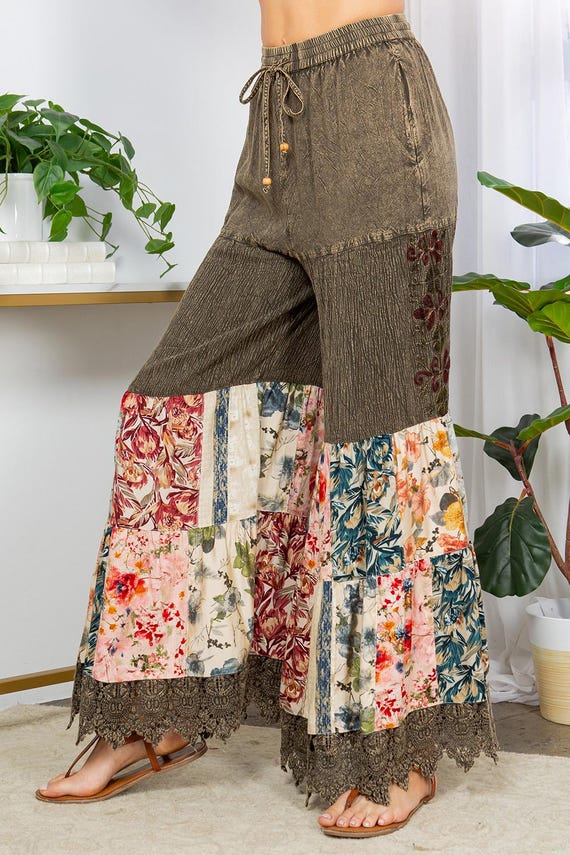 Boho Patchwork Pants: Wide Leg Floral Trousers, Bell Bottoms, Elastic Waist Lounge Pant