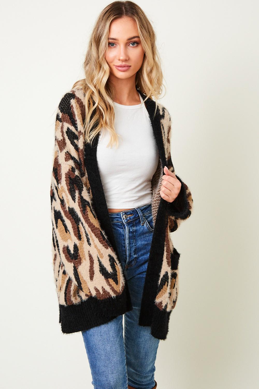 Close-up detail of the high-end fuzzy eyelash knit material on a maximalist leopard print cardigan.