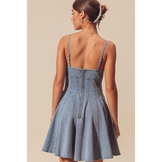 Light Wash Denim Corset Mini Dress with Spaghetti Straps and Flared Paneled Skirt - Product Image