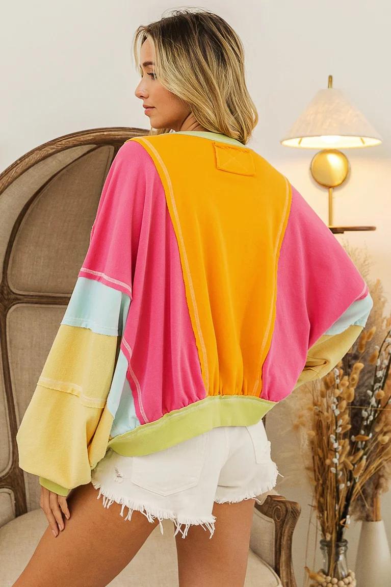 Eclectic grandpa aesthetic outfit featuring the neon oversized patchwork sweatshirt with retro accessories.