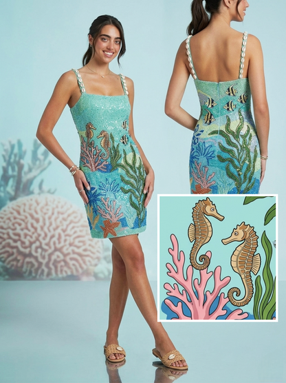 Front view of aqua beaded mini dress with mermaidcore seahorse embroidery, perfect for a coastal chic party