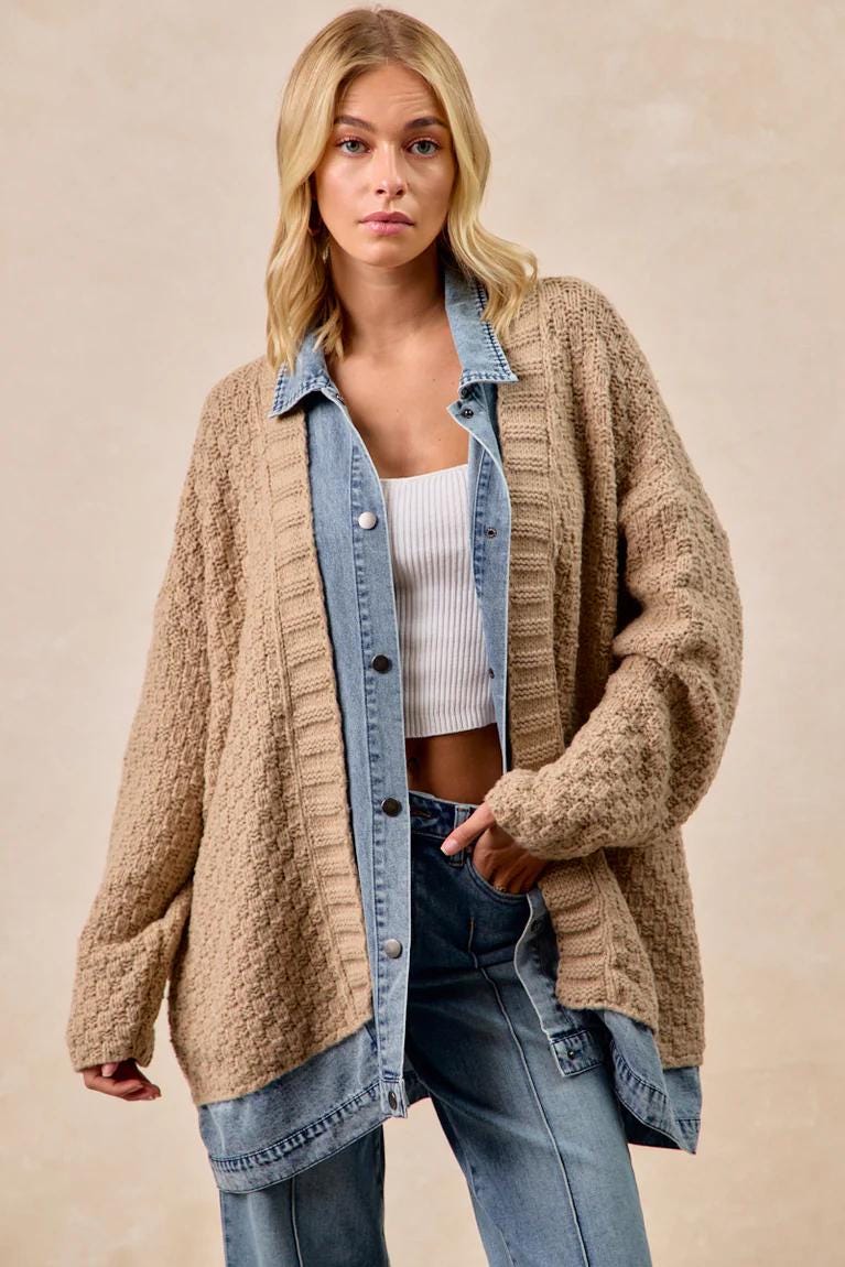 Back view of the tan chunky knit sweater featuring a relaxed silhouette and dropped shoulders