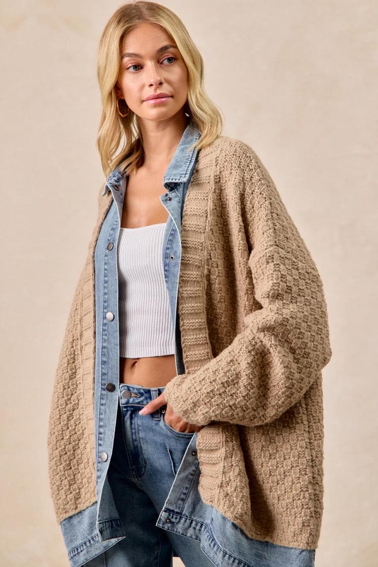 Tan mixed-media cardigan showing the unique denim patchwork and chunky texture in a flat lay