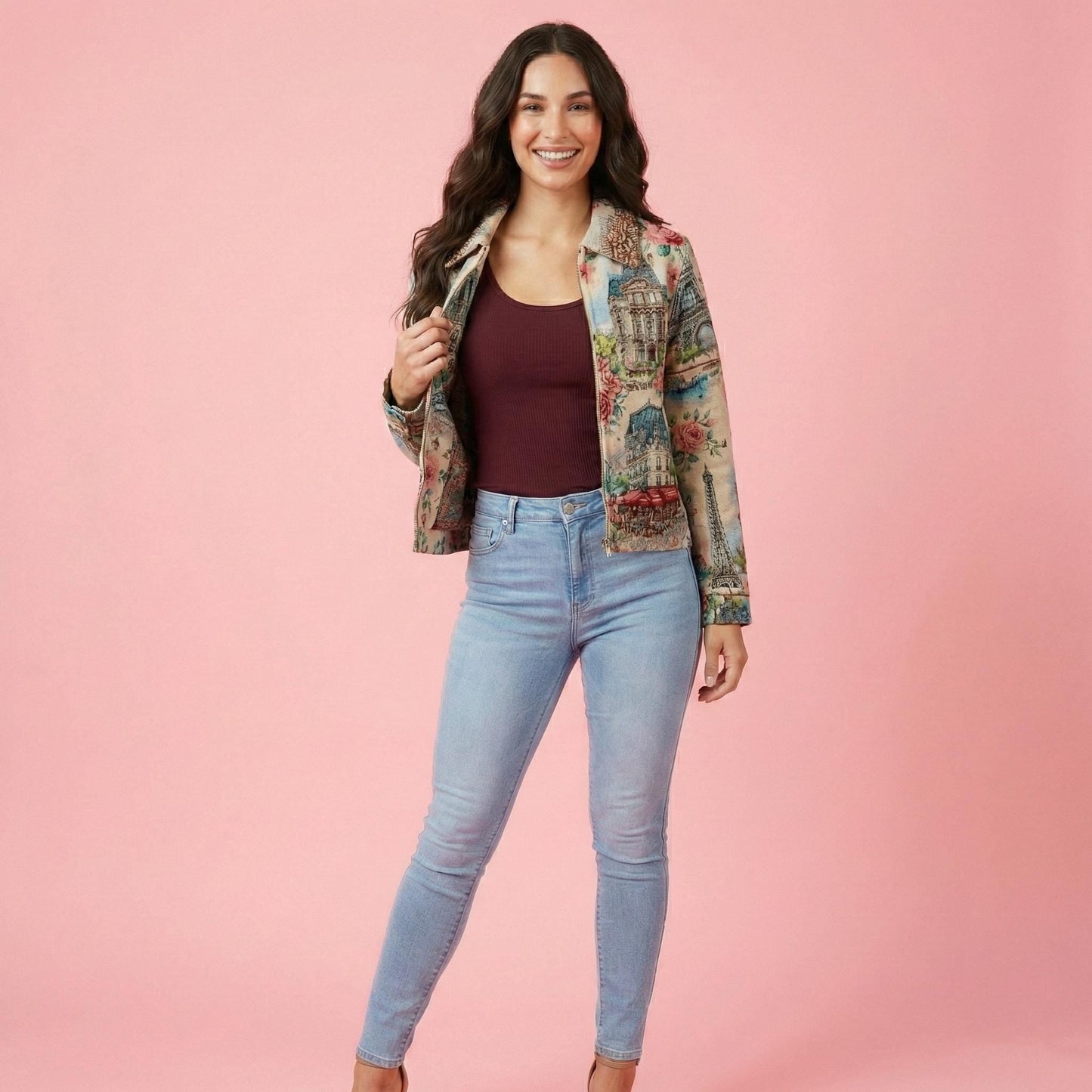 Model wearing the Romantic Academia tapestry jacket styled with a boho-chic French aesthetic