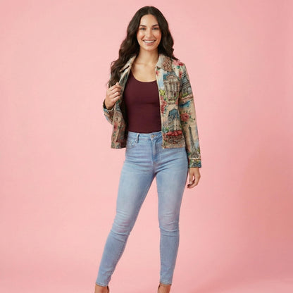 Model wearing the Romantic Academia tapestry jacket styled with a boho-chic French aesthetic
