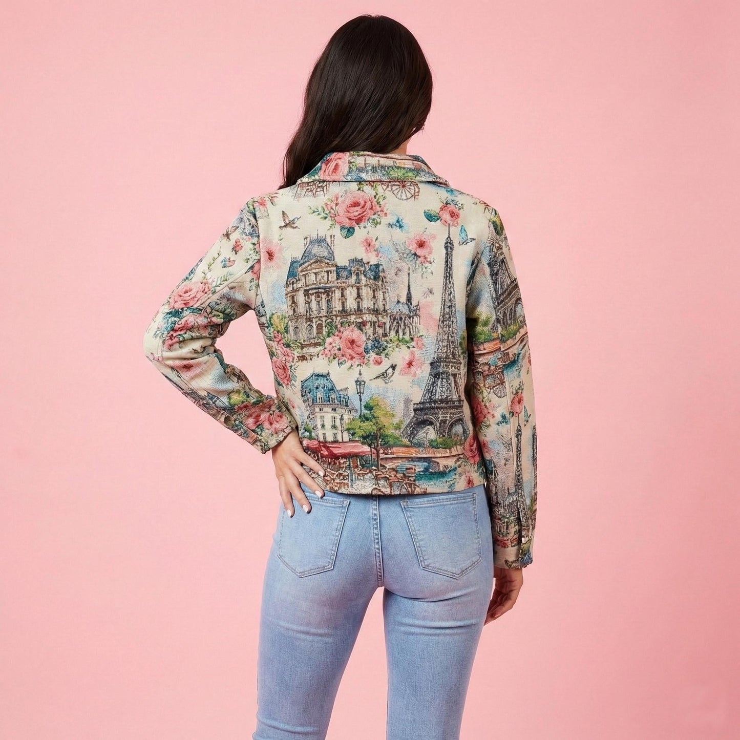Inside view of the textured tapestry jacket showing the quality of the heavyweight imported fabric
