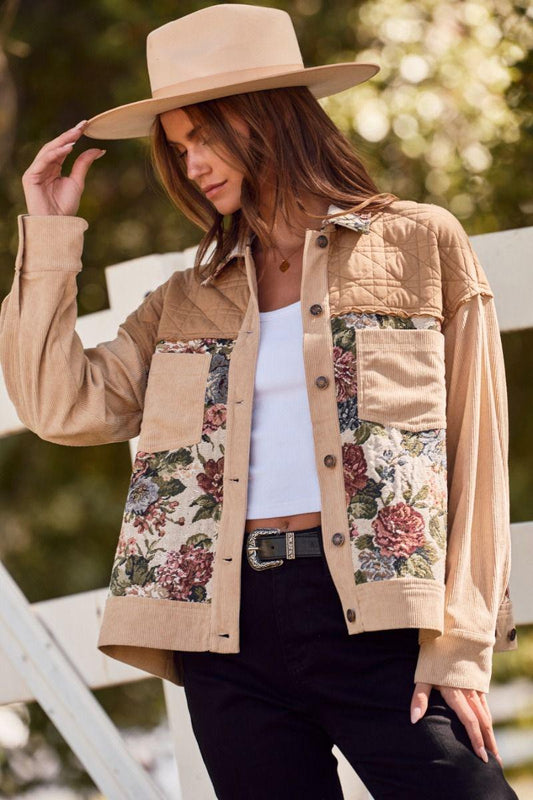Patchwork Cordjacke mit Blumengobelin und gestepptem Detail Shacket