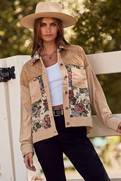Back view of the cottagecore corduroy jacket featuring vintage-inspired floral jacquard and structured tan fabric