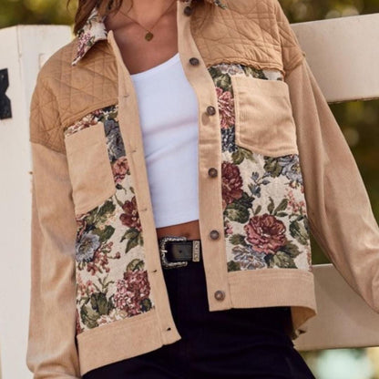 Flat lay of the western chic patchwork shacket showing quilted shoulder stitching and vibrant jacquard textures