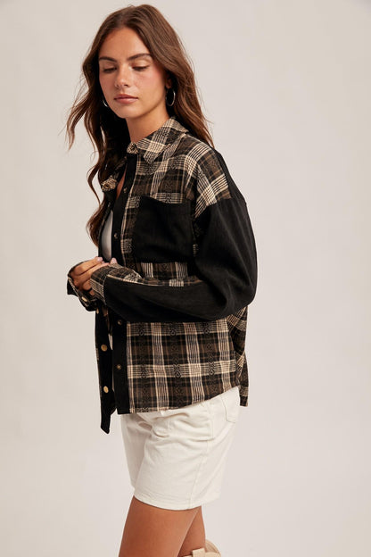 Oversized plaid shacket styled for a rustic Americana look, perfect for grunge chic or boho layering.