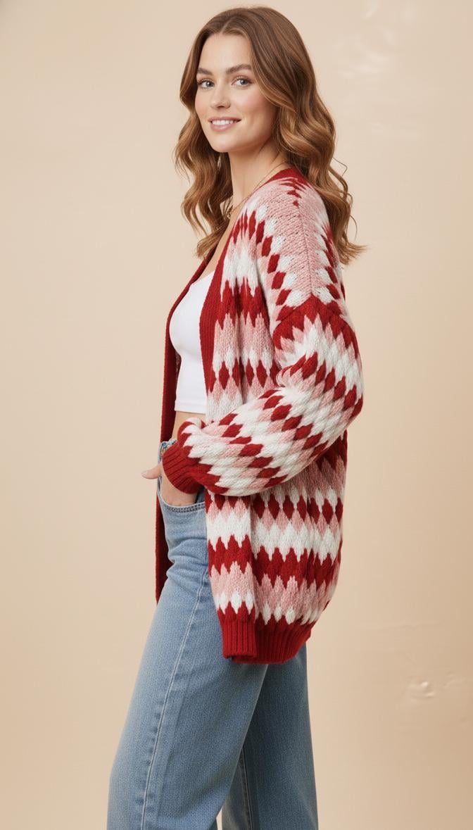 Styled lifestyle shot of a boho-chic maximalist cardigan paired with vintage accessories for a cozycore look