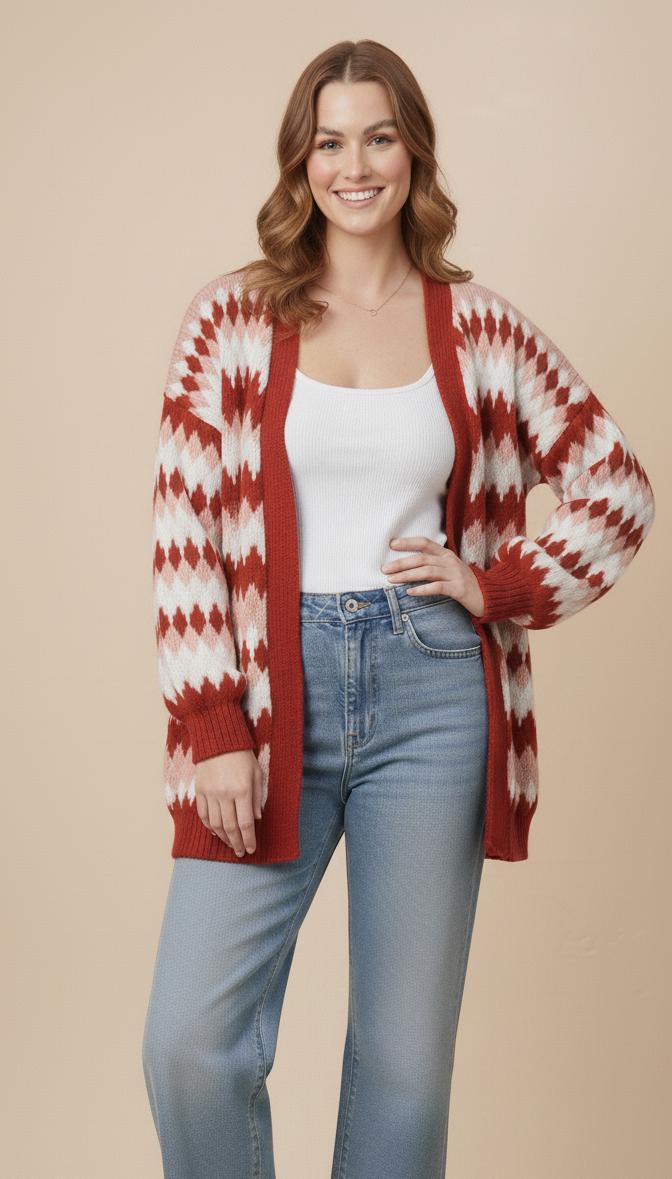 Voluminous balloon sleeves detail on a retro geometric pattern cardigan featuring a comfortable oversized fit