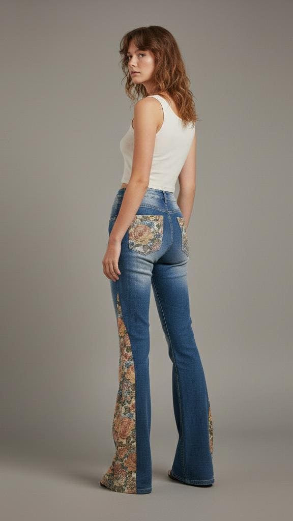 Front view of high-waisted blue flare jeans with floral tapestry side panels and button closure.