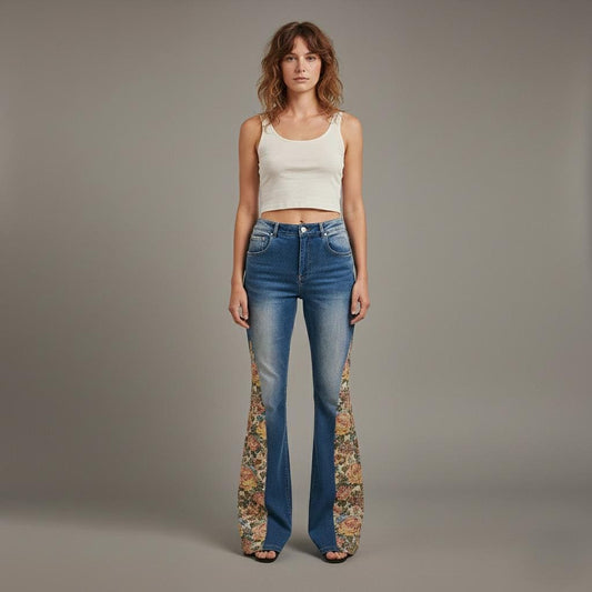 Back of medium wash denim flares featuring rose floral tapestry pockets and long 34-inch inseam.