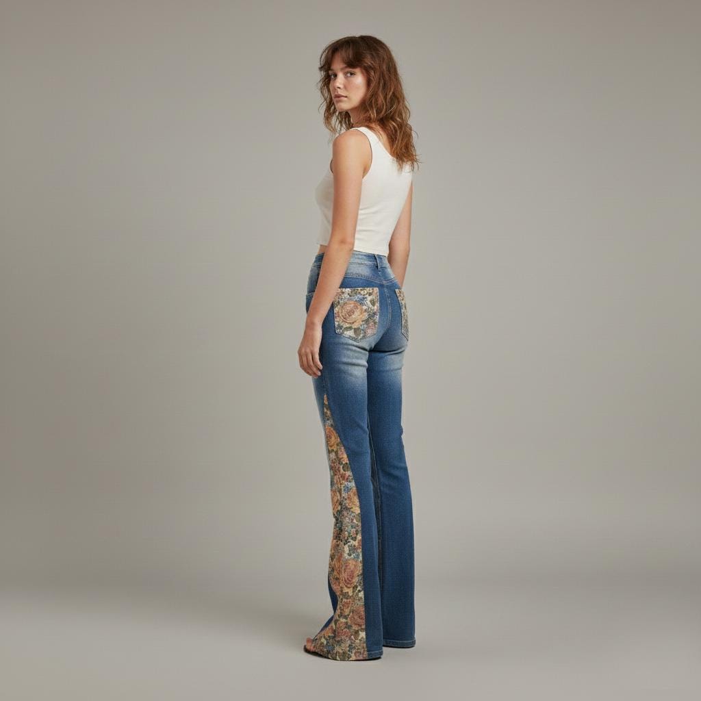 Close-up of intricate floral tapestry inlays on blue cotton denim cottagecore jeans.