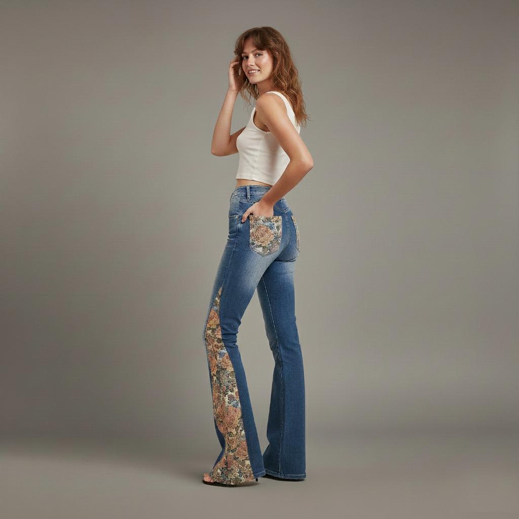 Model wearing whimsical boho-chic tapestry jeans with a floor-sweeping flare silhouette.