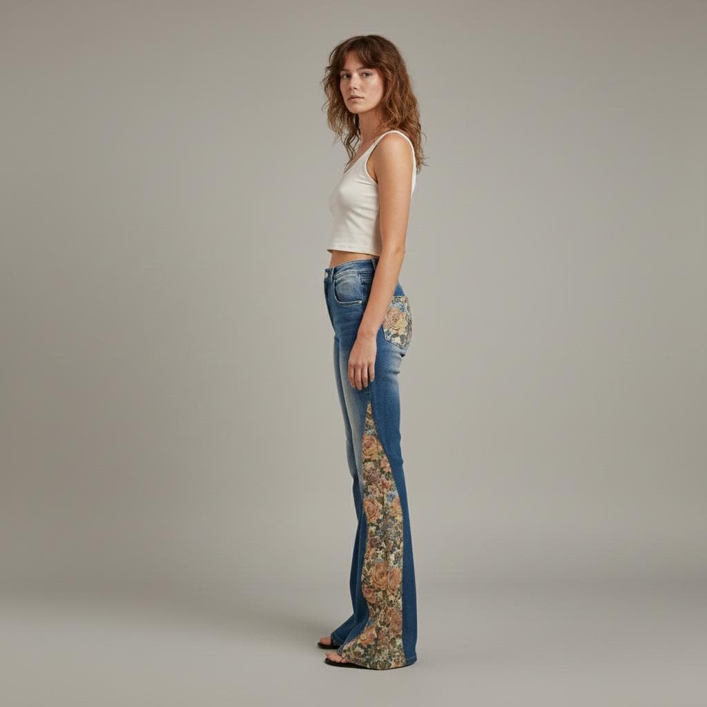 Profile view of tall girl aesthetic jeans with floral tapestry contrast and wide leg opening.
