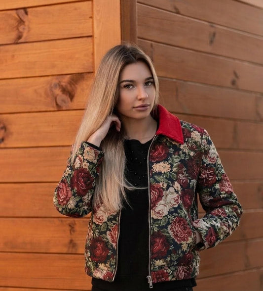 Silk & Lace Floral Jacquard Tapestry Jacket with Corduroy Collar - Image 2
