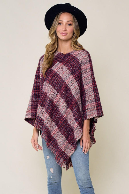 Silk & Lace Plaid Sweater Poncho Front View in Burgundy and Navy
