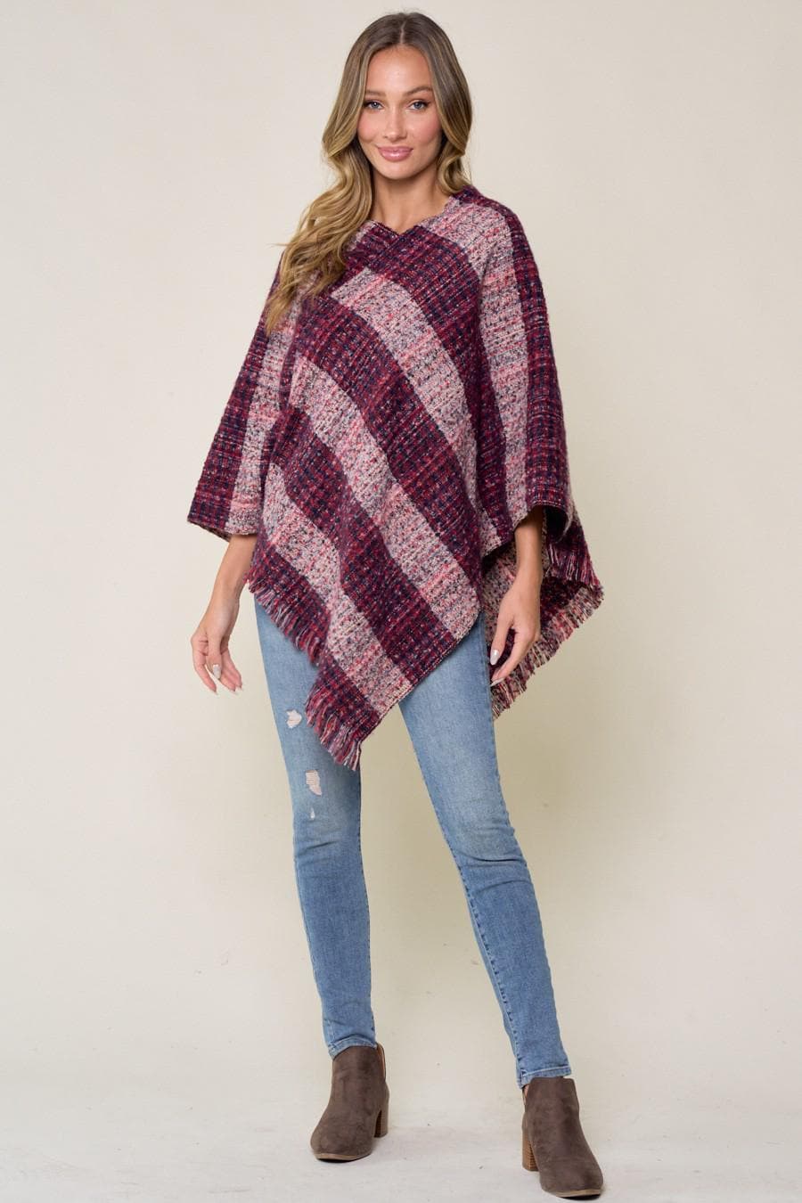 Silk & Lace Plaid Sweater Poncho Acrylic Fringed Tweed Wrap - Image 3