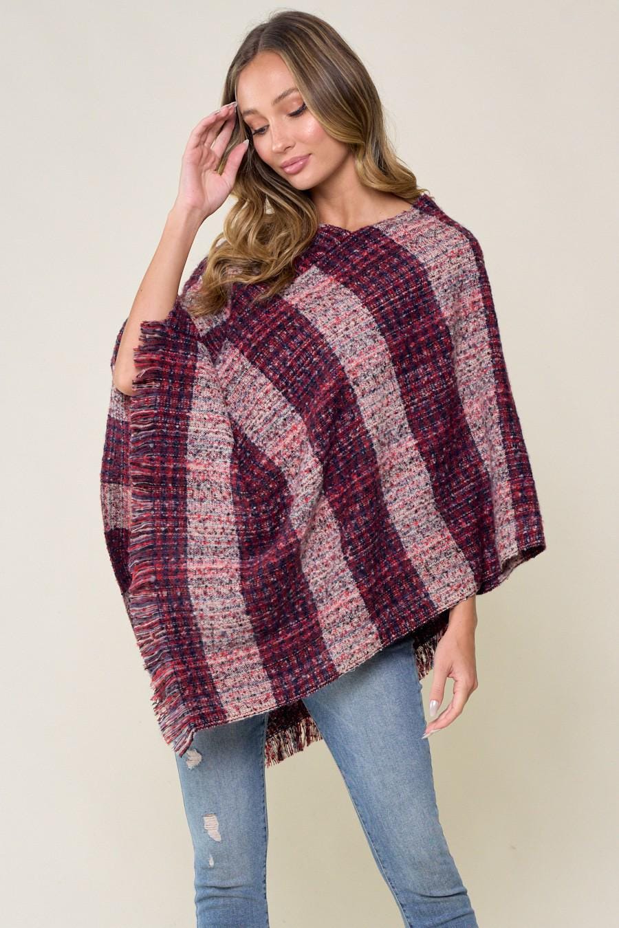 Silk & Lace Plaid Sweater Poncho Acrylic Fringed Tweed Wrap - Image 4