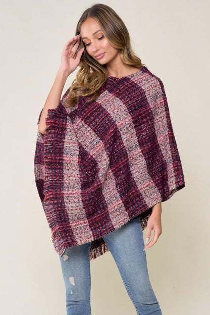 Silk & Lace Plaid Sweater Poncho Acrylic Fringed Tweed Wrap - Image 4