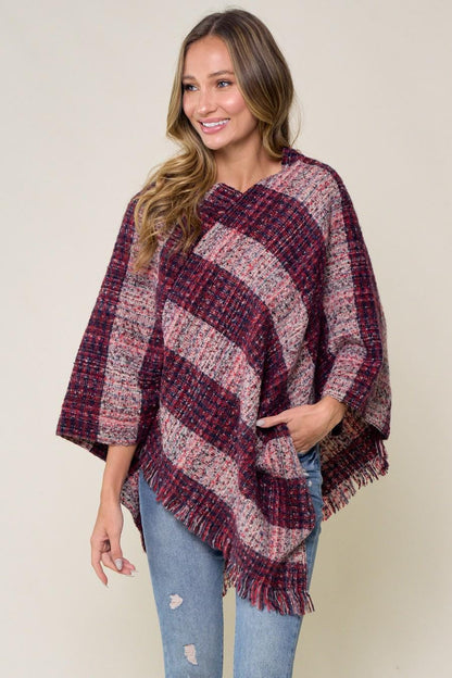 Silk & Lace Plaid Sweater Poncho Acrylic Fringed Tweed Wrap - Image 5