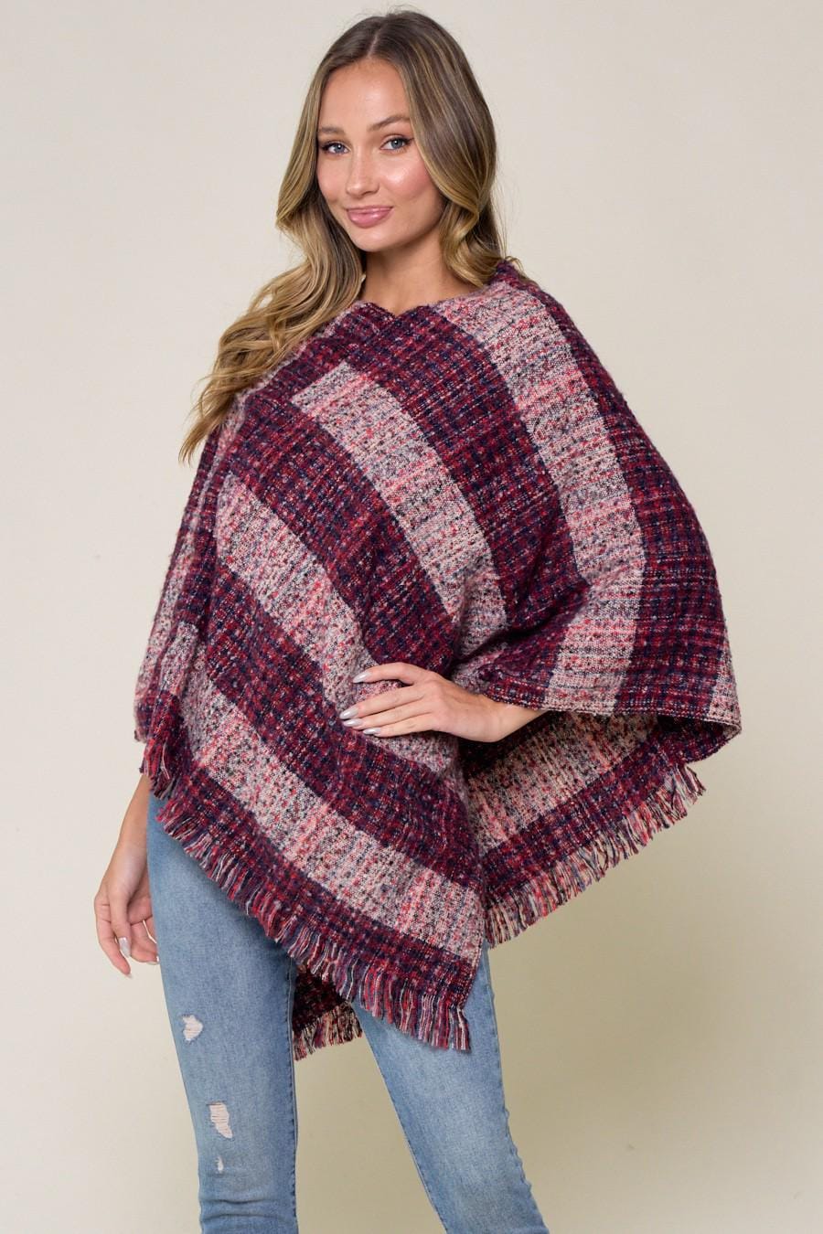 Silk & Lace Plaid Sweater Poncho Acrylic Fringed Tweed Wrap - Image 6