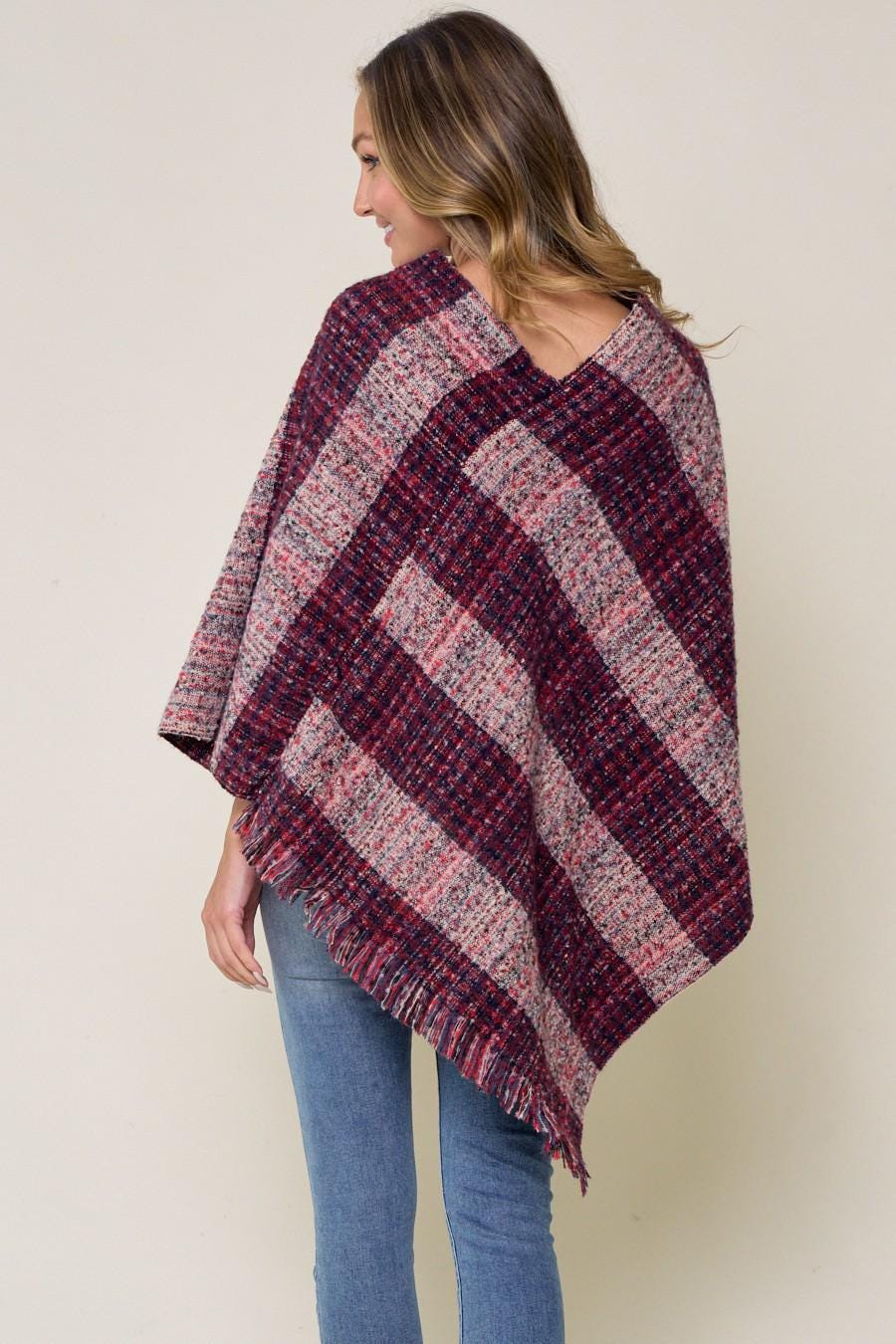 Silk & Lace Plaid Sweater Poncho Acrylic Fringed Tweed Wrap - Image 7